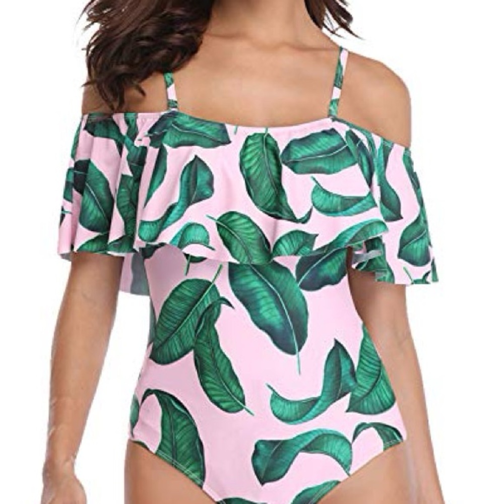 Off-Shoulder Leaf Print Swimsuit